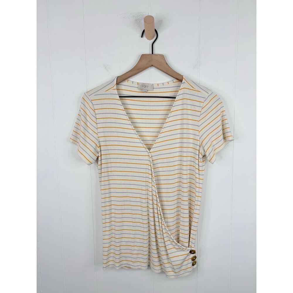 💥 5 for $25 Sale LOFT Stripe Faux Wrap Top Cream Small Button Hem Spring Shirt